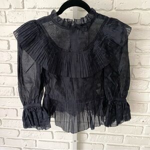 Ulla Johnson Edna Blouse Midnight Navy Size 2 Sheer Organza Pleated Ruffle